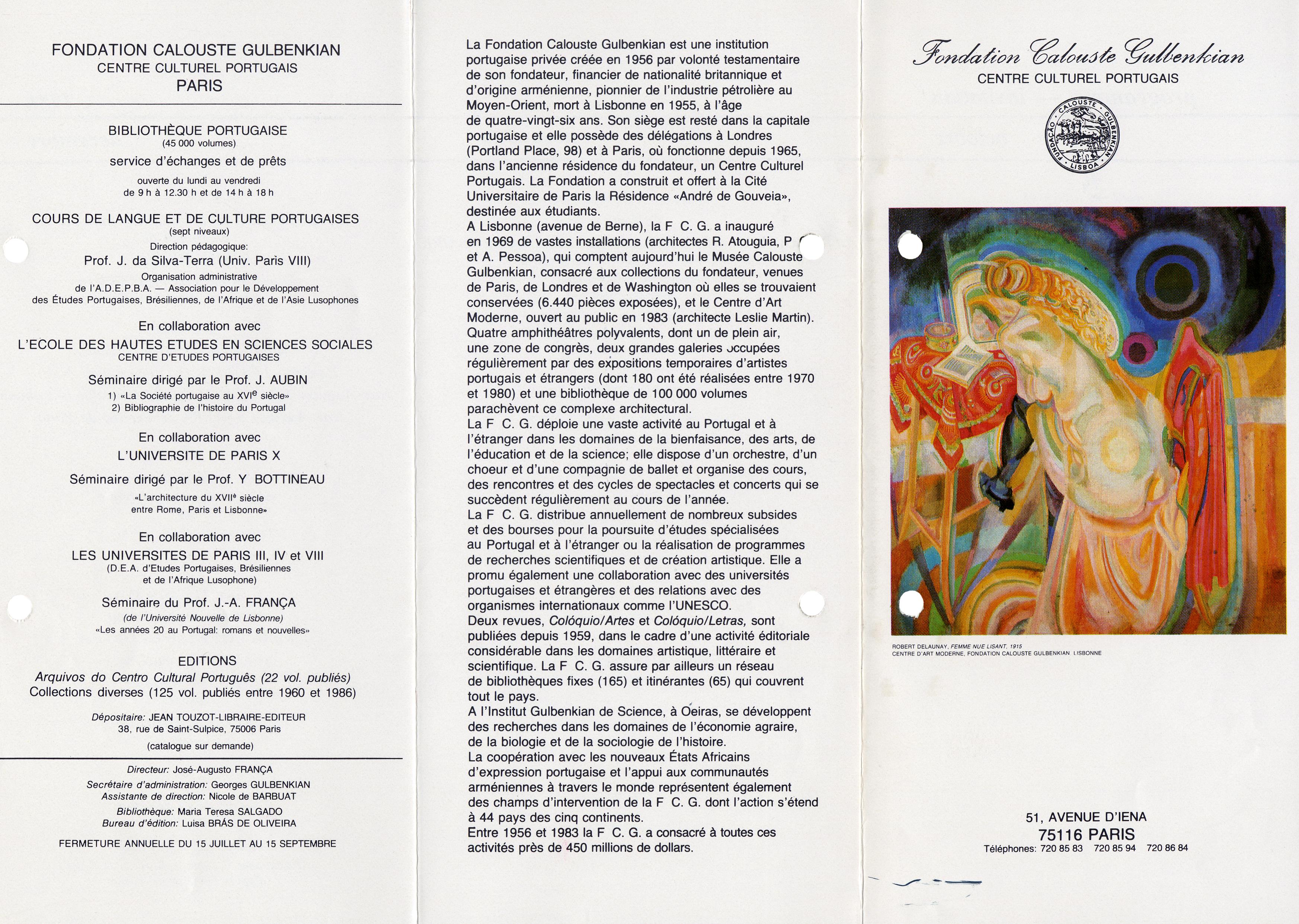 Fondation Calouste Gulbenkian. Centre Culturel Portugais. Octobre, Novembre, Décembre 1986
