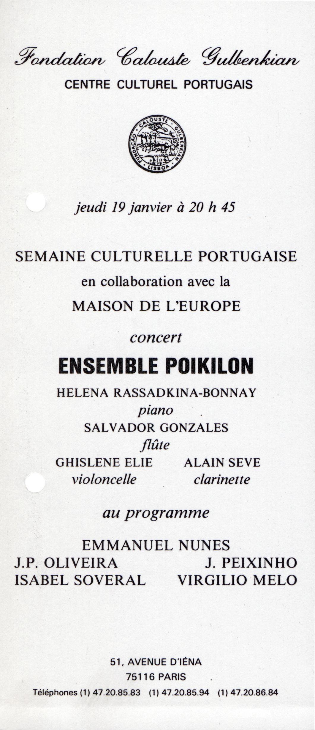 Semaine Culturelle Portugaise [concerto de Ensemble Poikilon]