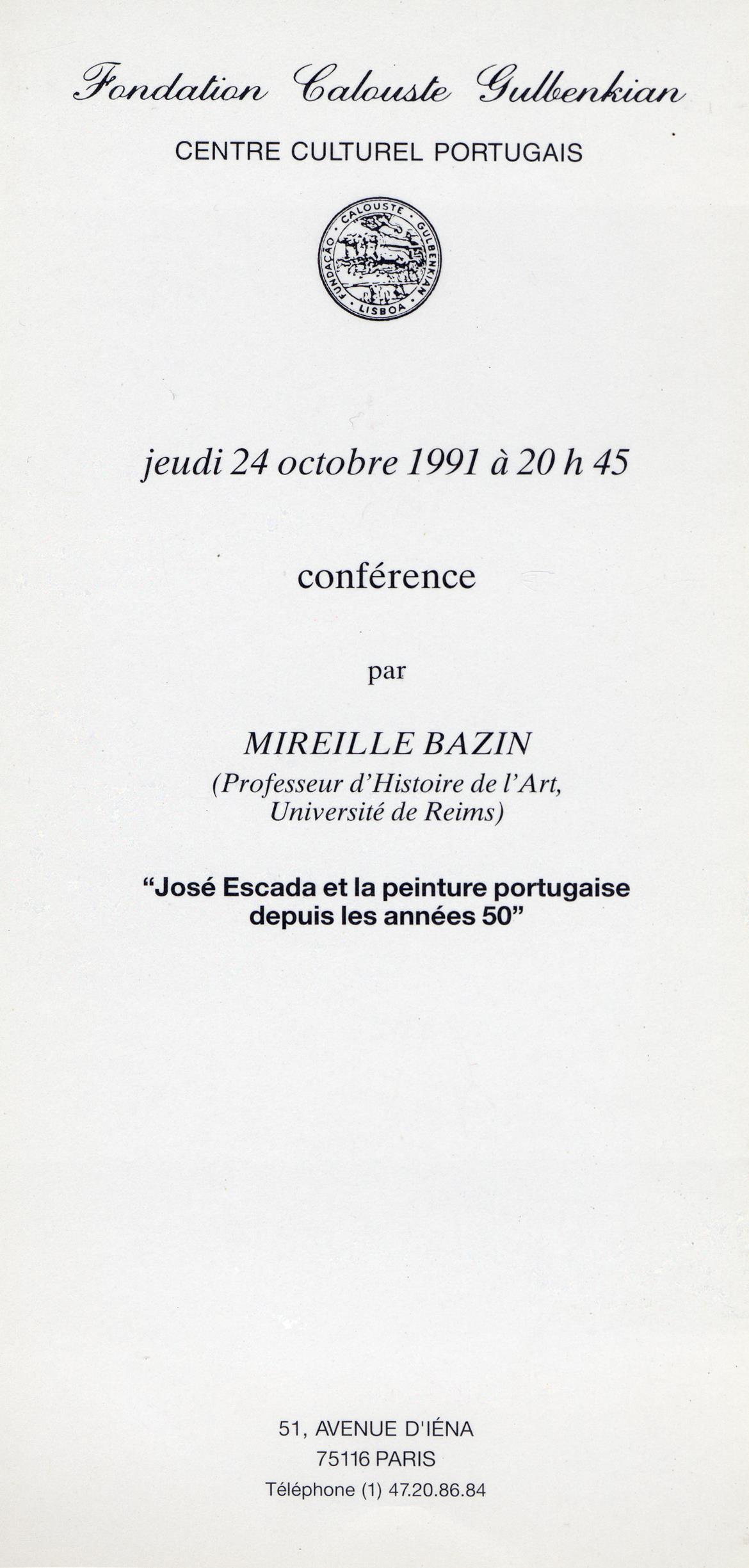 José Escada et la Peinture Portugaise depuis les Années 50 [conferência por Mireille Bazin]
