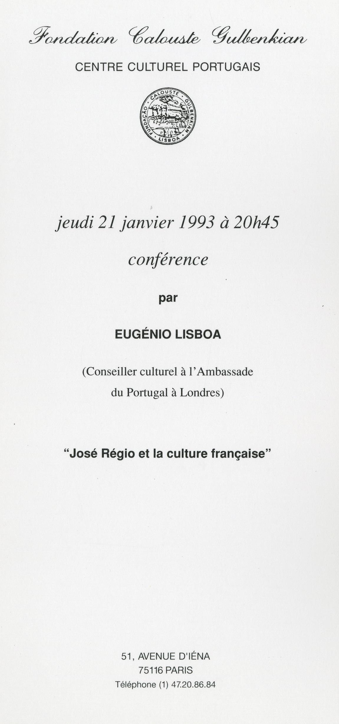 José Regio et la Culture Française [conferência por Eugénio Lisboa]