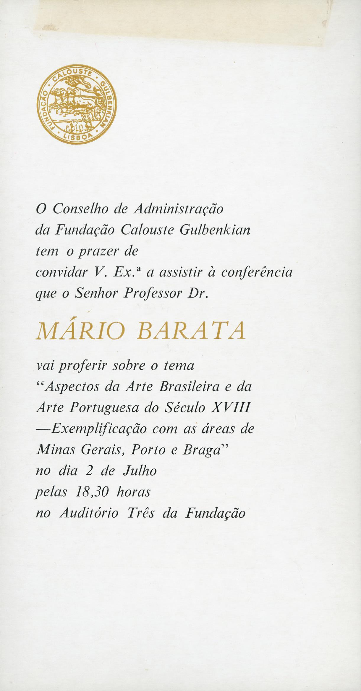 Aspectos da Arte Brasileira e da Arte Portuguesa do Século XVIII. Exemplificação com as Áreas de Minas Gerais, Porto e Braga [conferência]