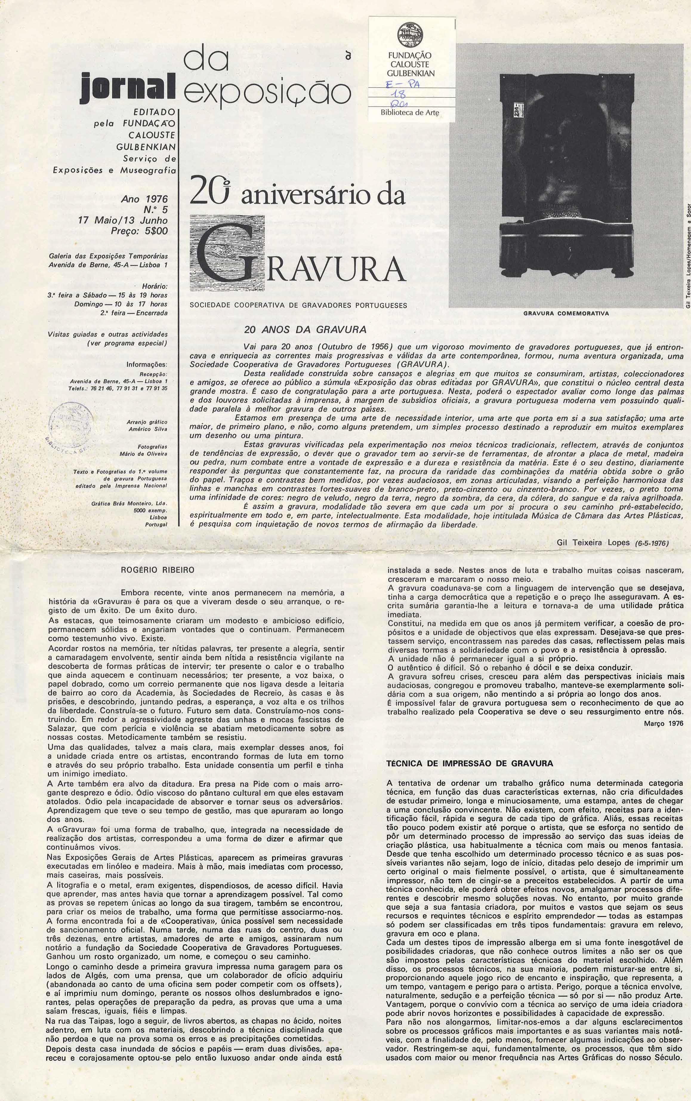 20.º Aniversário Gravura. Sociedade Cooperativa de Gravadores Portugueses