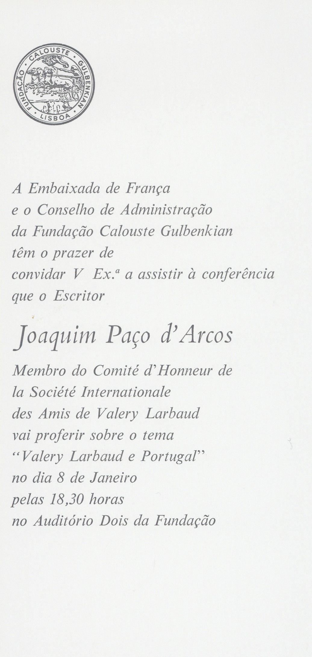 Valery Larbaud e Portugal [conferência por Joaquim Paço d’Arcos]