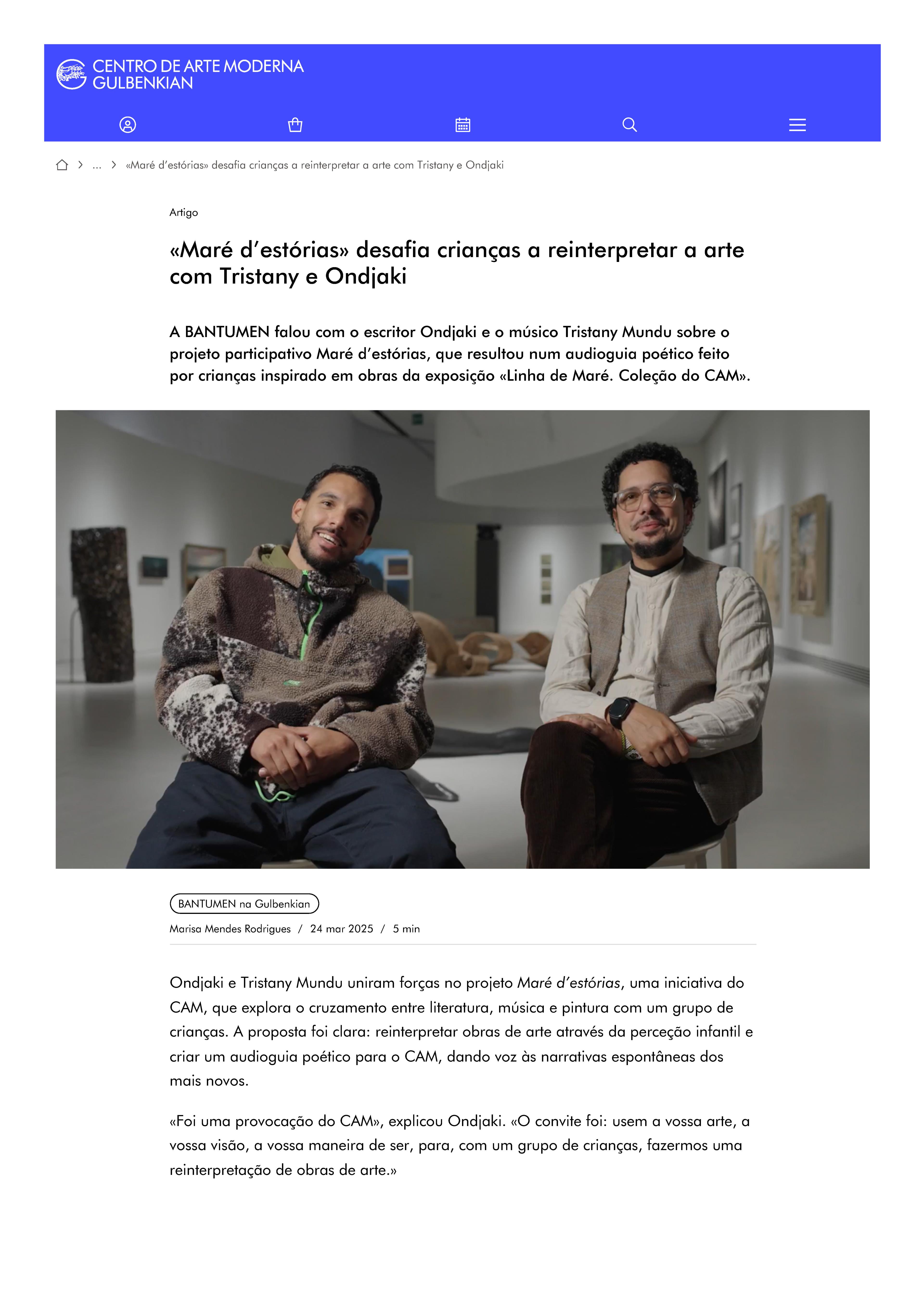 «Maré d'Estórias» Desafia Crianças a Reinterpretar a Arte com Tristany e Ondjaki