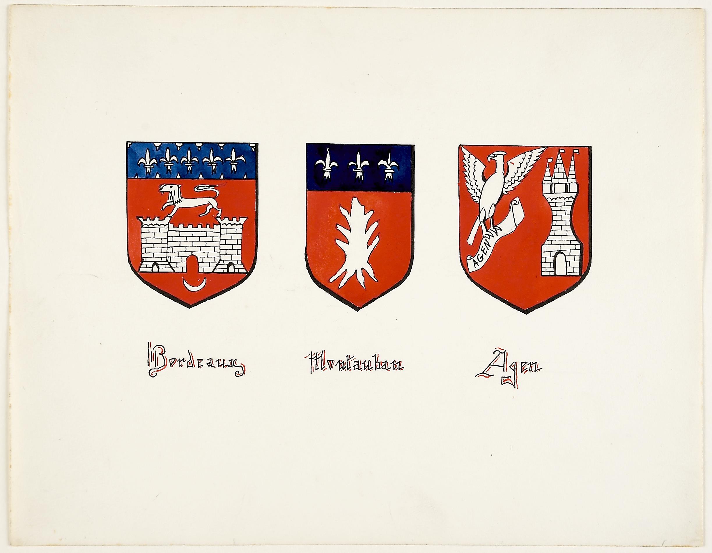 Brazões das cidades de Bordeaux, Montauban e Agen