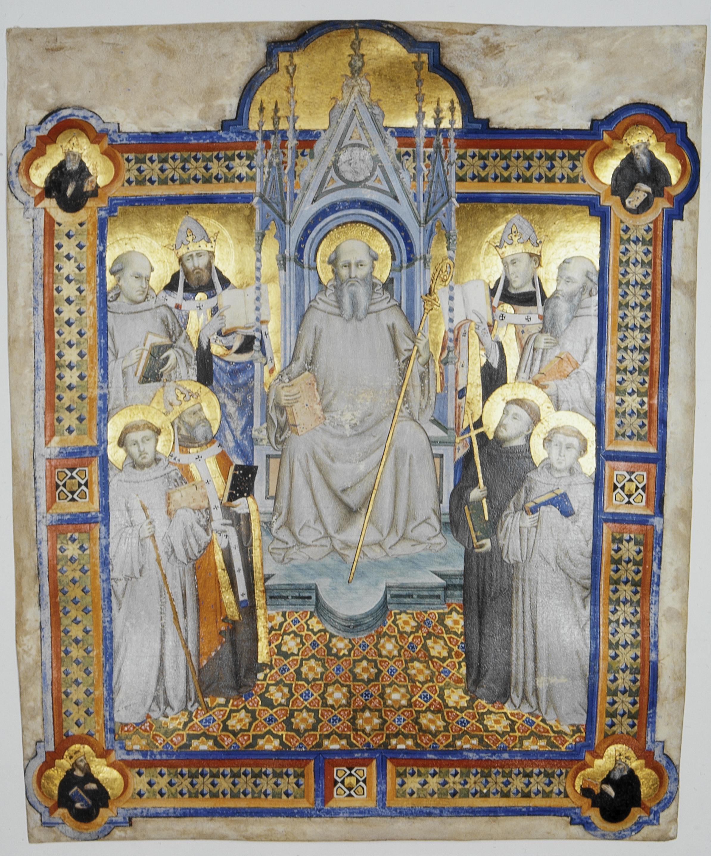 Fragmento de Santoral Camaldulense - São Bento no trono com oito santos