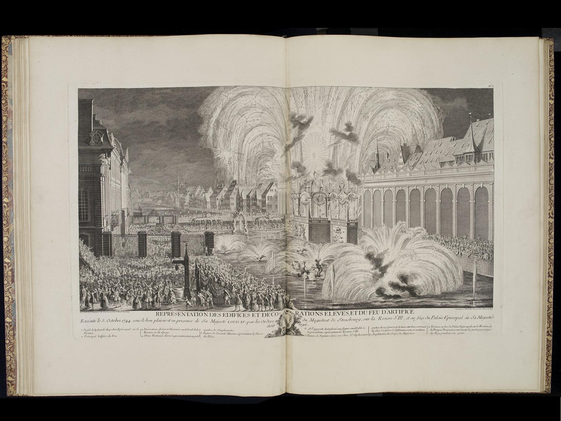Représentation des fêtes  données par la Ville de Strasbourg pour la convalescence du Roi, à l'arrivée et pendant le séjour de Sa Majesté en cette Ville. Inventé, dessiné et dirigé par J. M. Weiss, Graveur de la Ville de Strasbourg