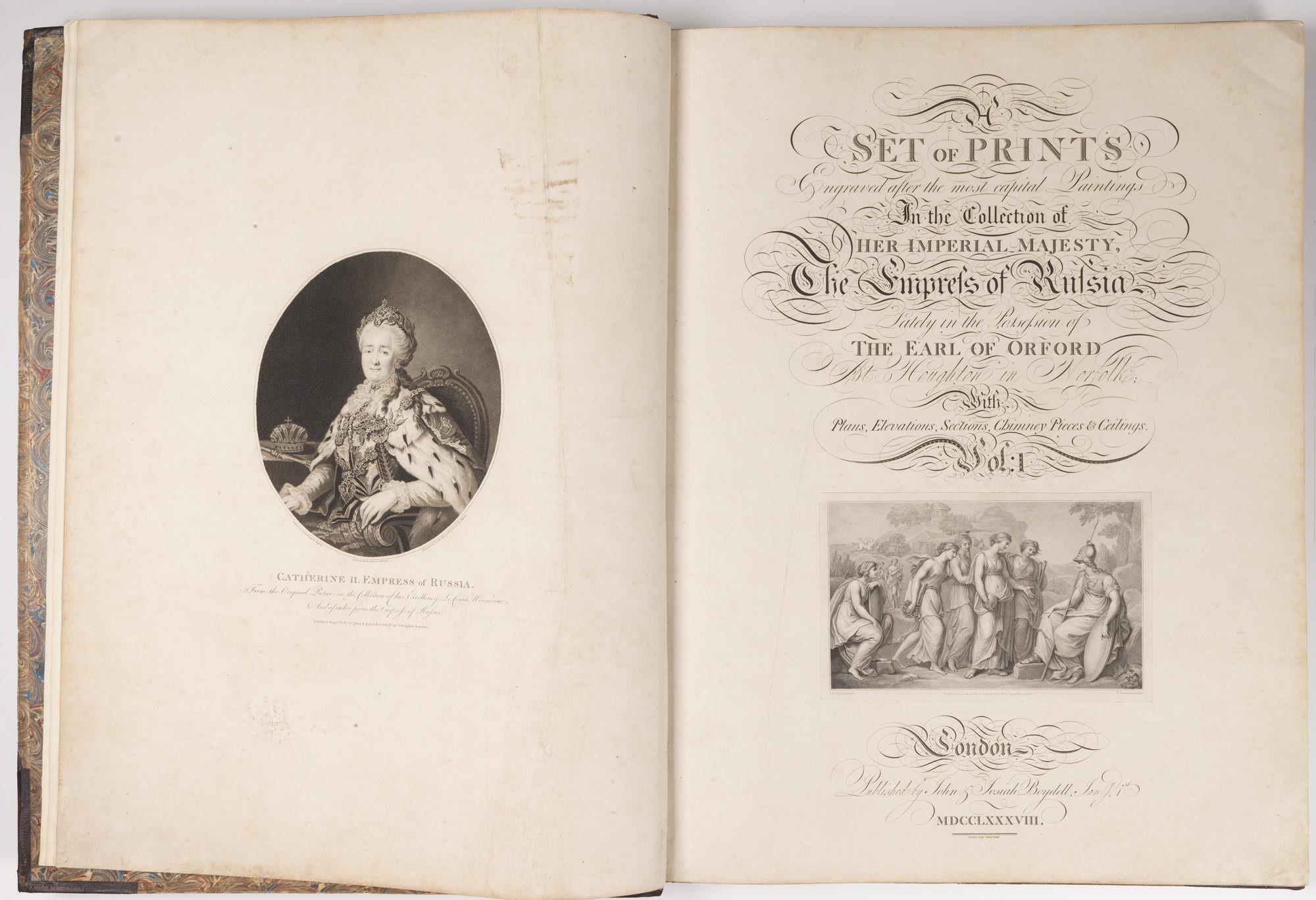 A Set of prints engraved after the most capital paintings in the collection of Her imperial majesty the Empress of Russia, lately in the possession of the Earl of Orford at Houghton in Norfolk, with plans, elevations, sections, chimney pieces and ceilings.